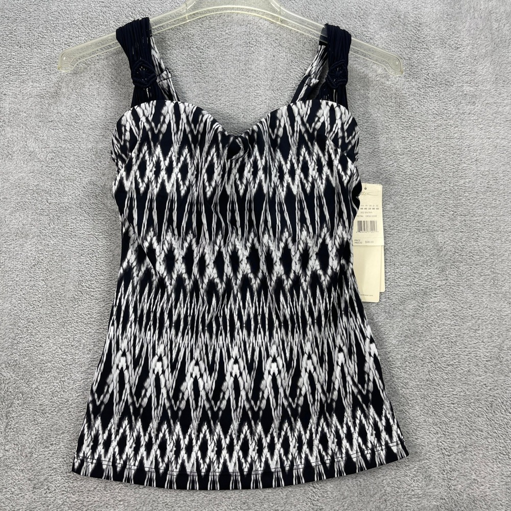 Gottex Tankini Top Women 34D Black White Ikat Underwire Macrame Strap